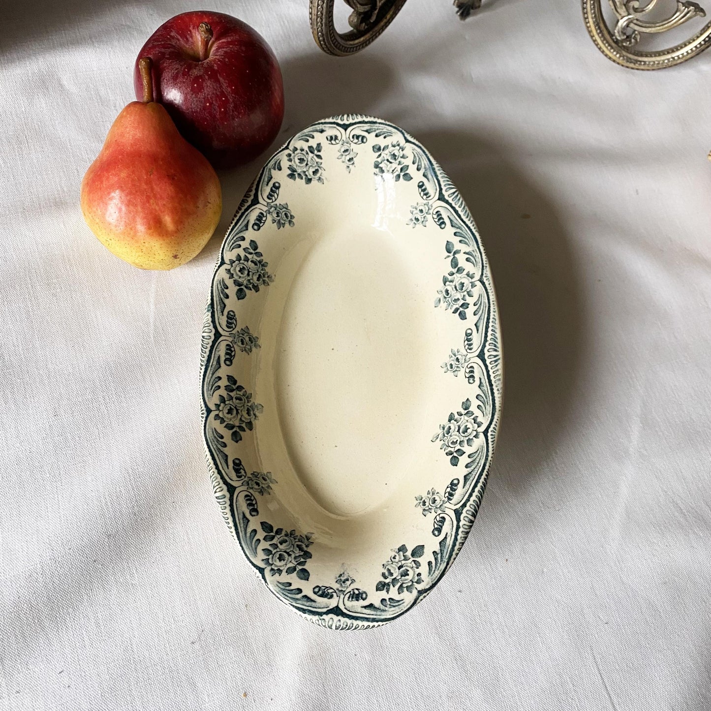 Antique Green Transferware Oval Platter Stack: Set of 4 platters, French Farmhouse Decor
