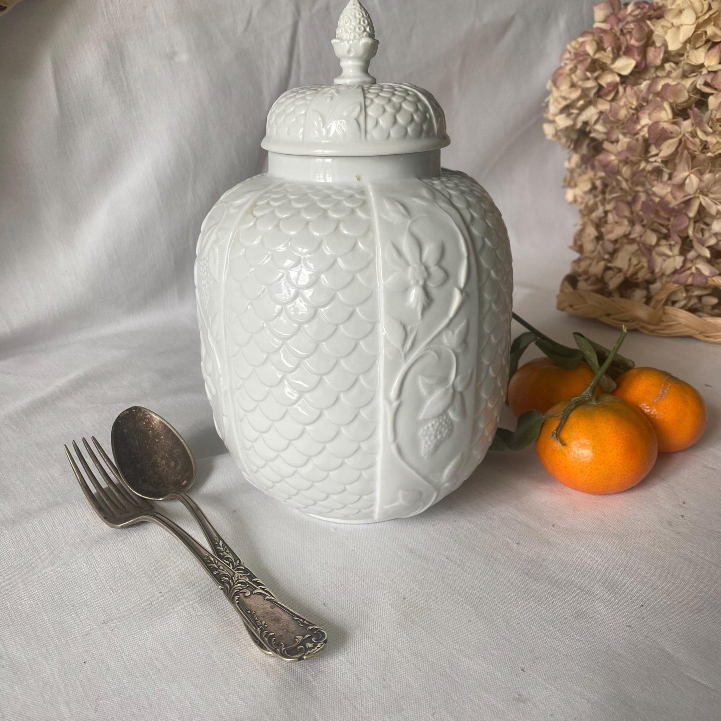 French antique white porcelain lidded cache pot, molded monochrome floral lid finial 19th / early 20thC Parisian porcelain
