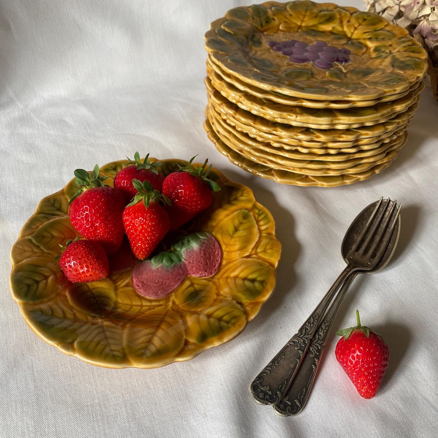 Antique French Majolica Dessert Plates, Set of 12 Barbotine Sarreguemines, Summer Fruits & Leaves