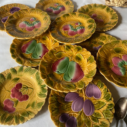 Antique French Majolica Dessert Plates, Set of 12 Barbotine Sarreguemines, Summer Fruits & Leaves