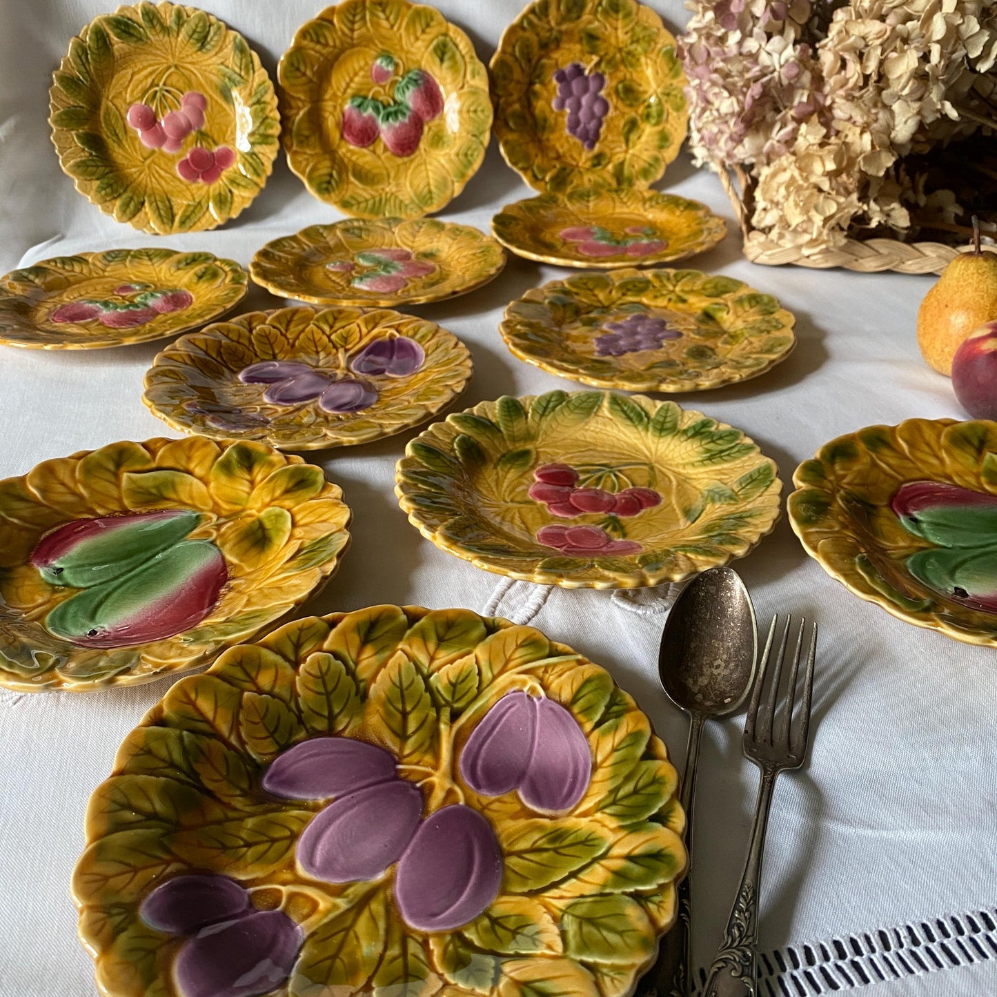 Antique French Majolica Dessert Plates, Set of 12 Barbotine Sarreguemines, Summer Fruits & Leaves