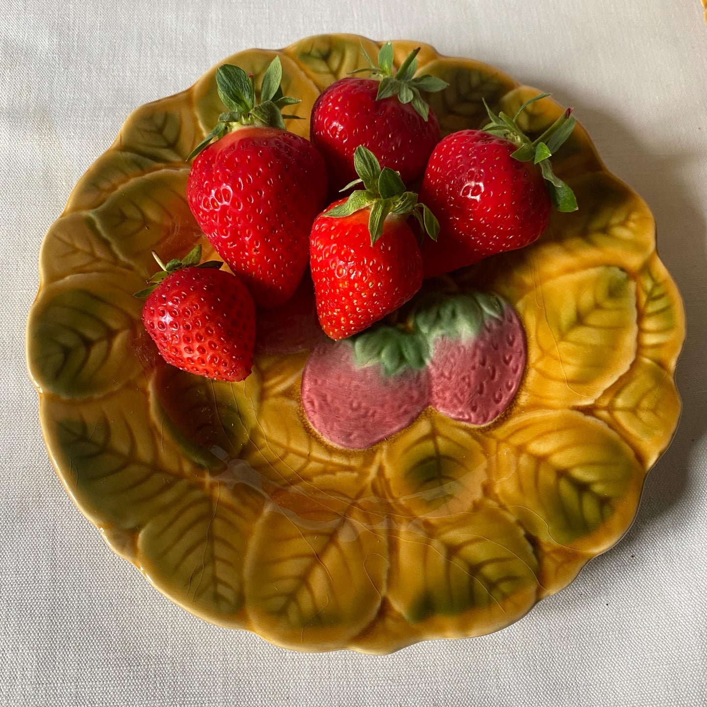Antique French Majolica Dessert Plates, Set of 12 Barbotine Sarreguemines, Summer Fruits & Leaves