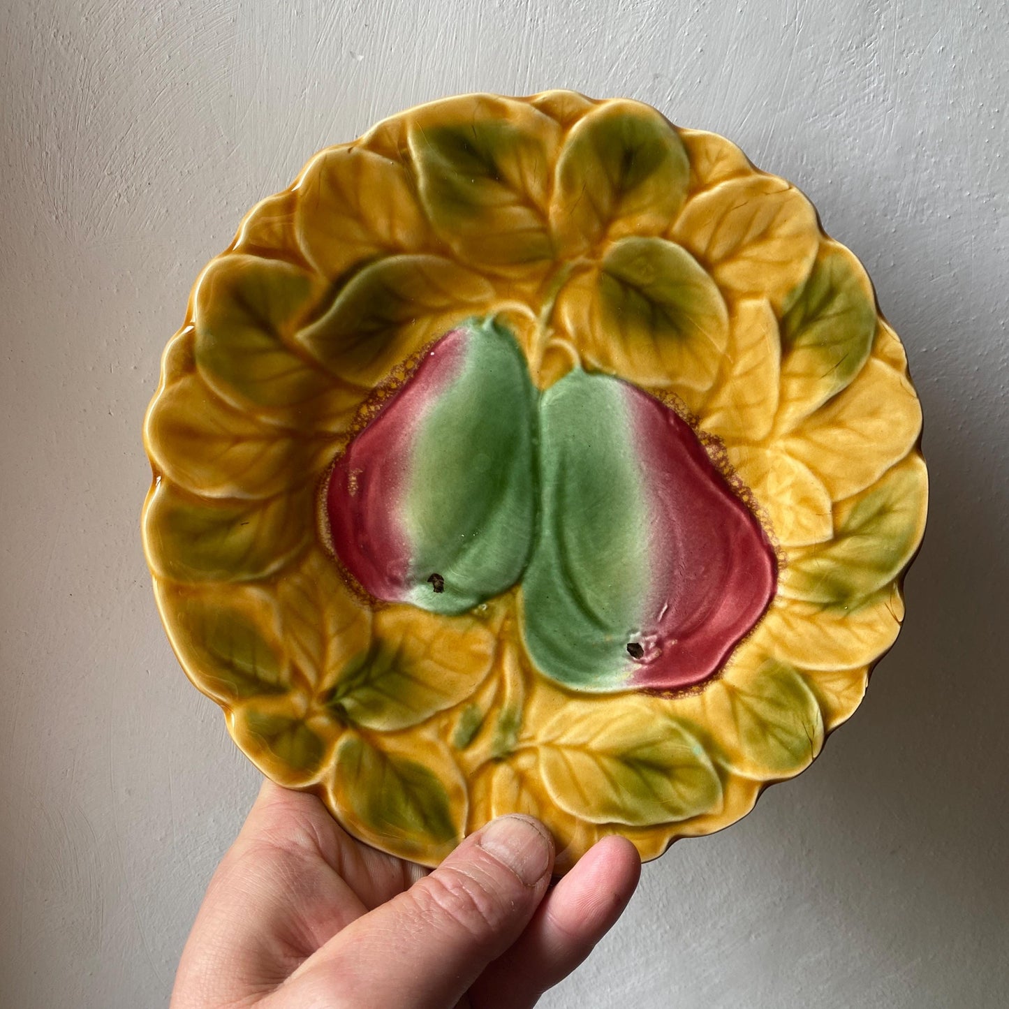 Antique French Majolica Dessert Plates, Set of 12 Barbotine Sarreguemines, Summer Fruits & Leaves