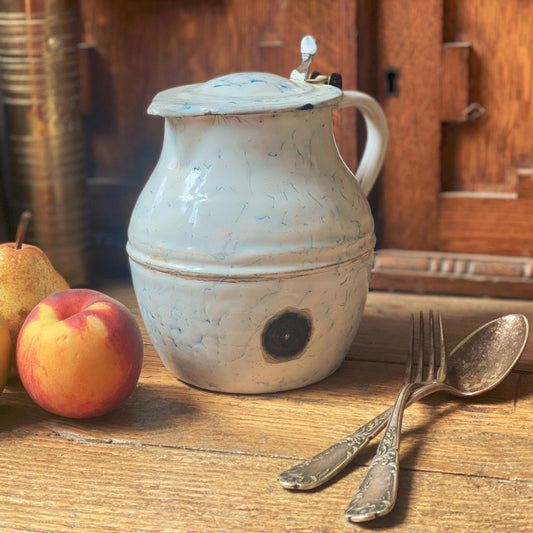 Vintage French Enamel Lidded Jug: Chippy Farmhouse Kitchen Decor