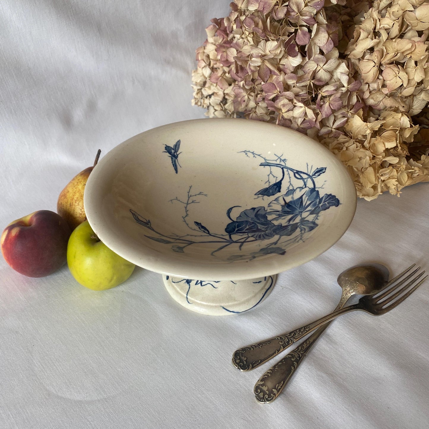 Antique Gien France Cake Stand, Blue White Transferware, Floral Bee Design