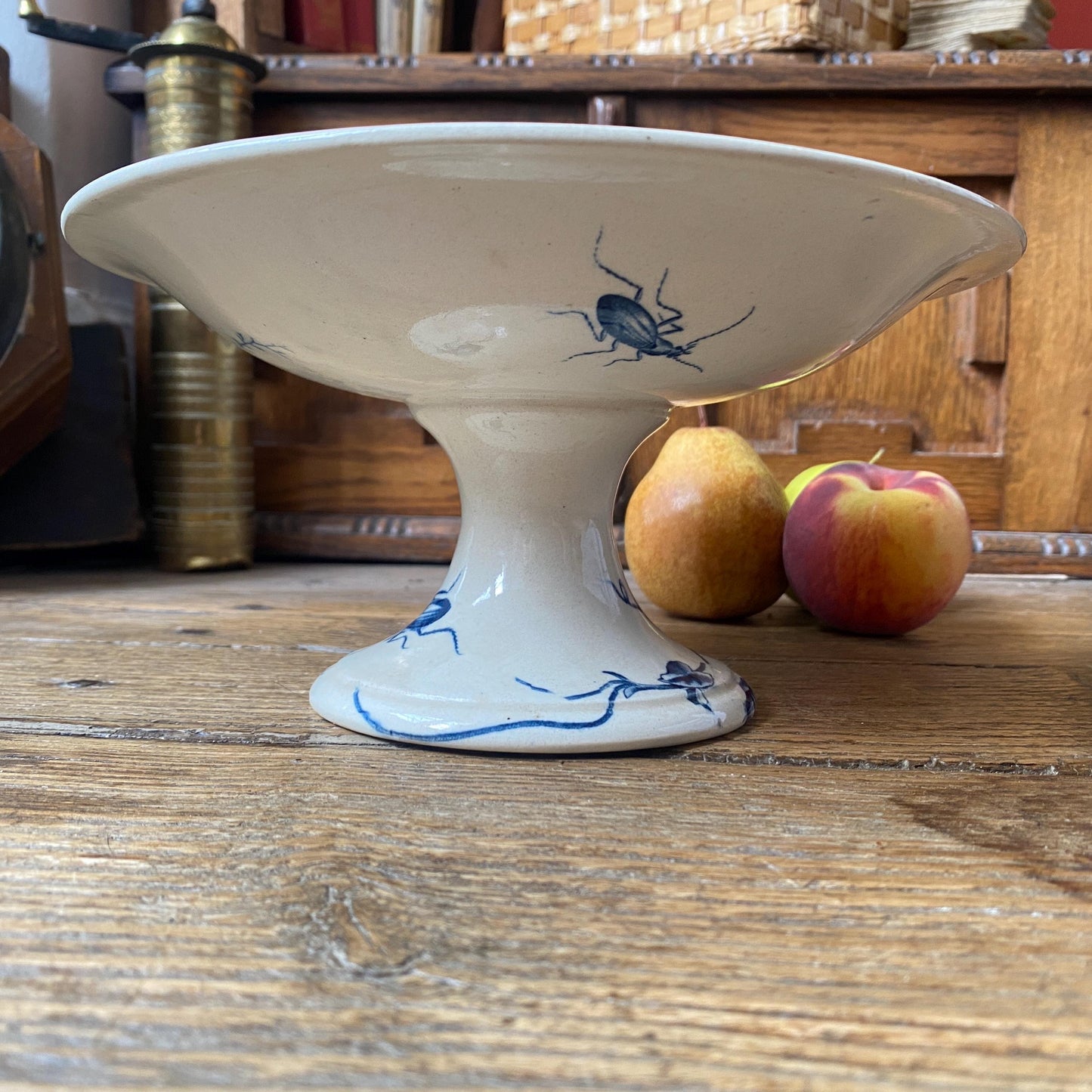 Antique Gien France Cake Stand, Blue White Transferware, Floral Bee Design