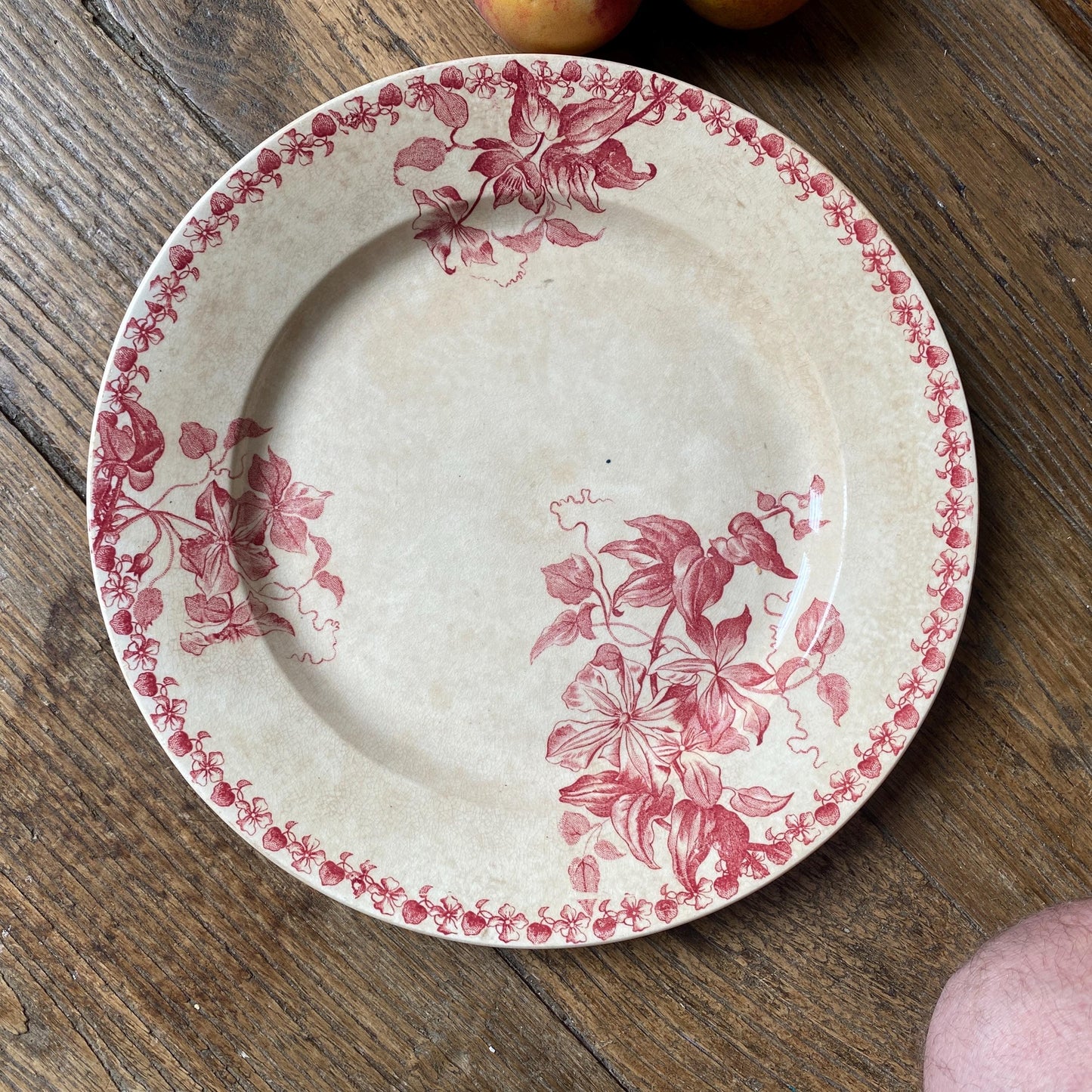 French Antique Red Transferware Plate, St Amand Floral Platter, c1890