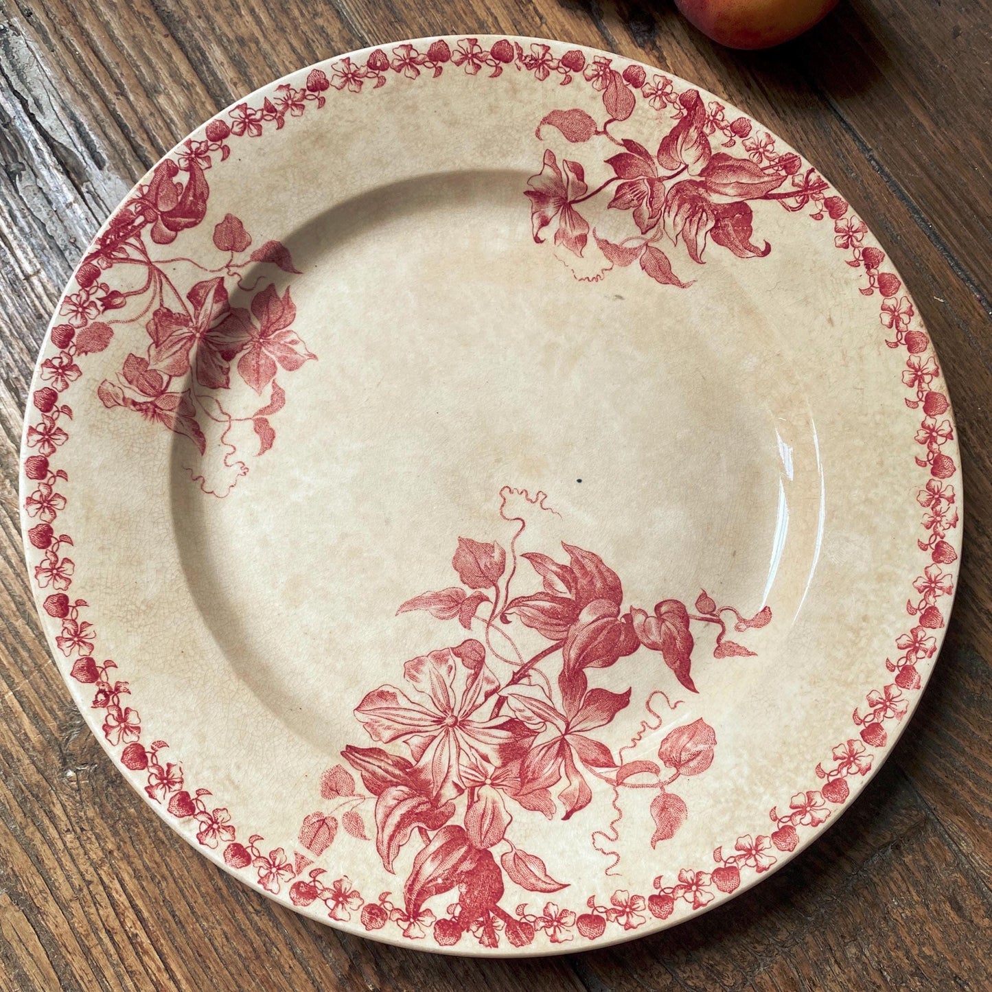 French Antique Red Transferware Plate, St Amand Floral Platter, c1890