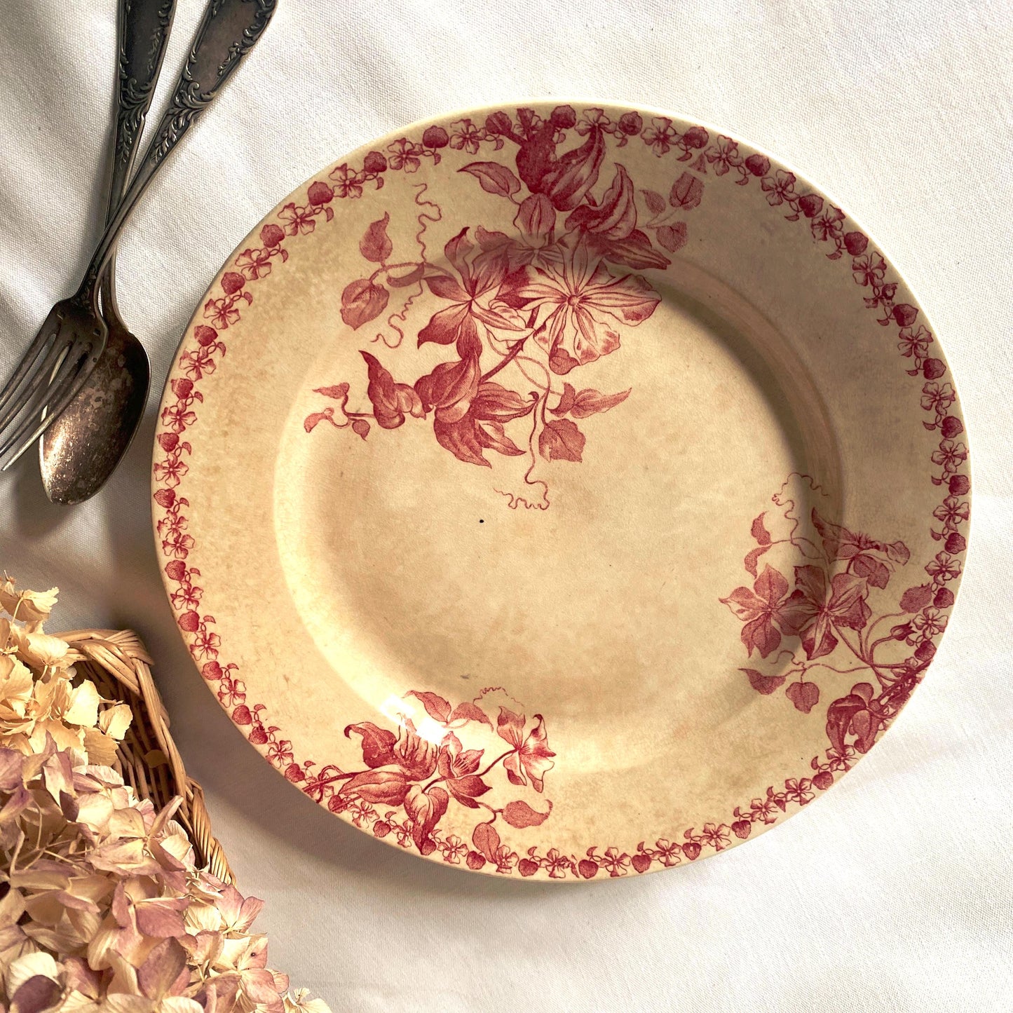 French Antique Red Transferware Plate, St Amand Floral Platter, c1890