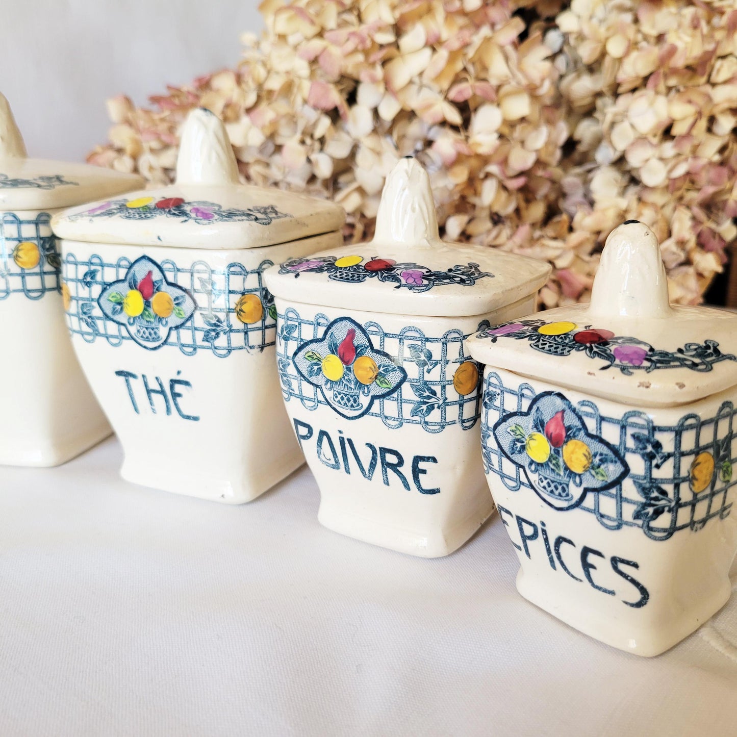 Antique French Canister Set, Art Nouveau Longchamp Transferware, Kitchen Storage