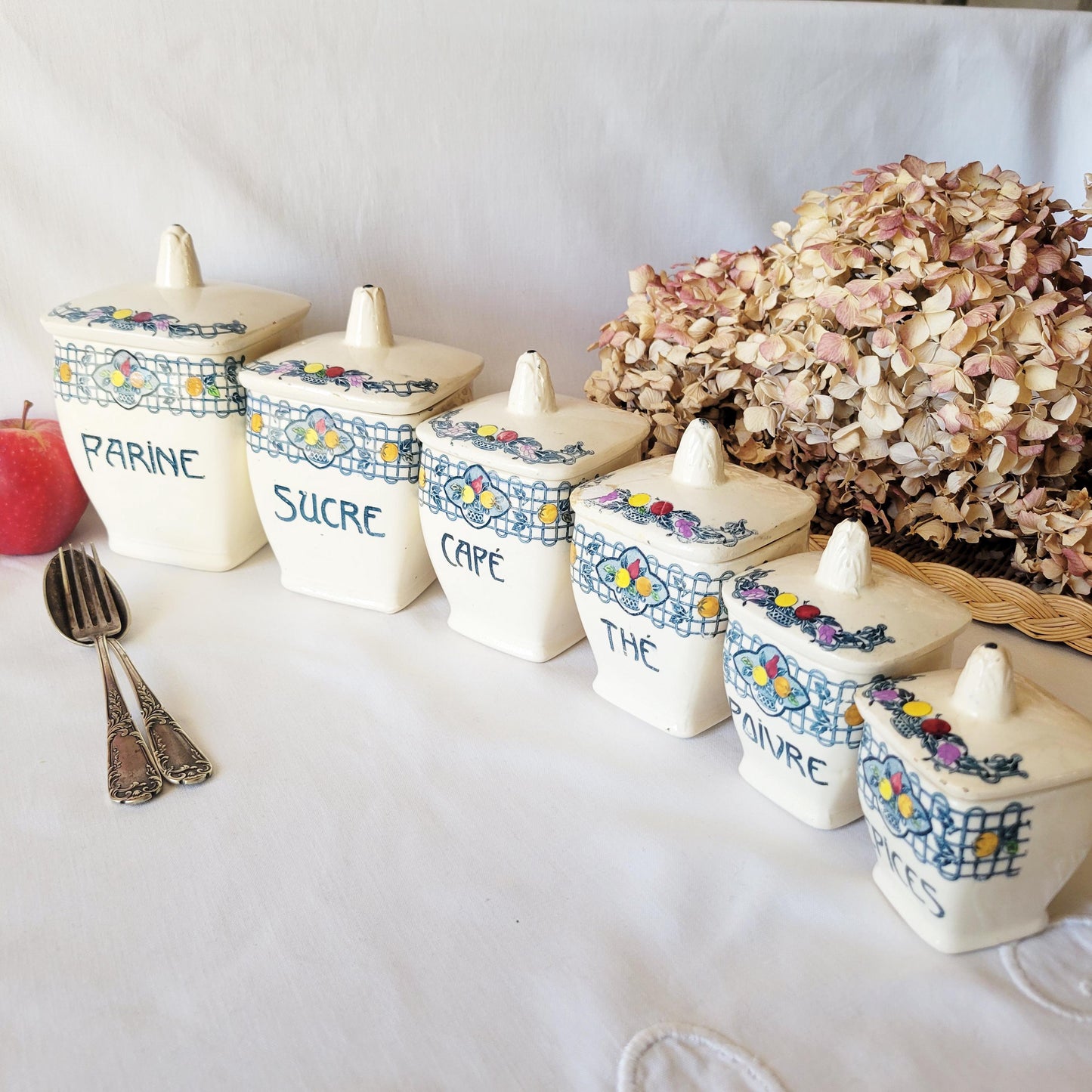 Antique French Canister Set, Art Nouveau Longchamp Transferware, Kitchen Storage