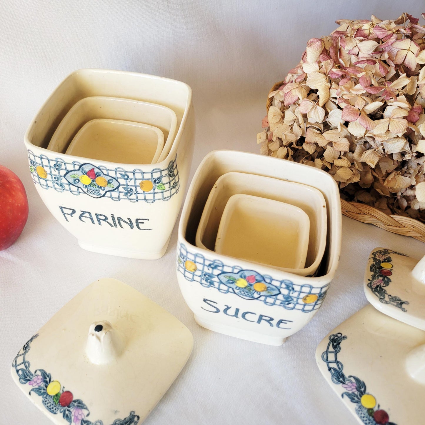 Antique French Canister Set, Art Nouveau Longchamp Transferware, Kitchen Storage