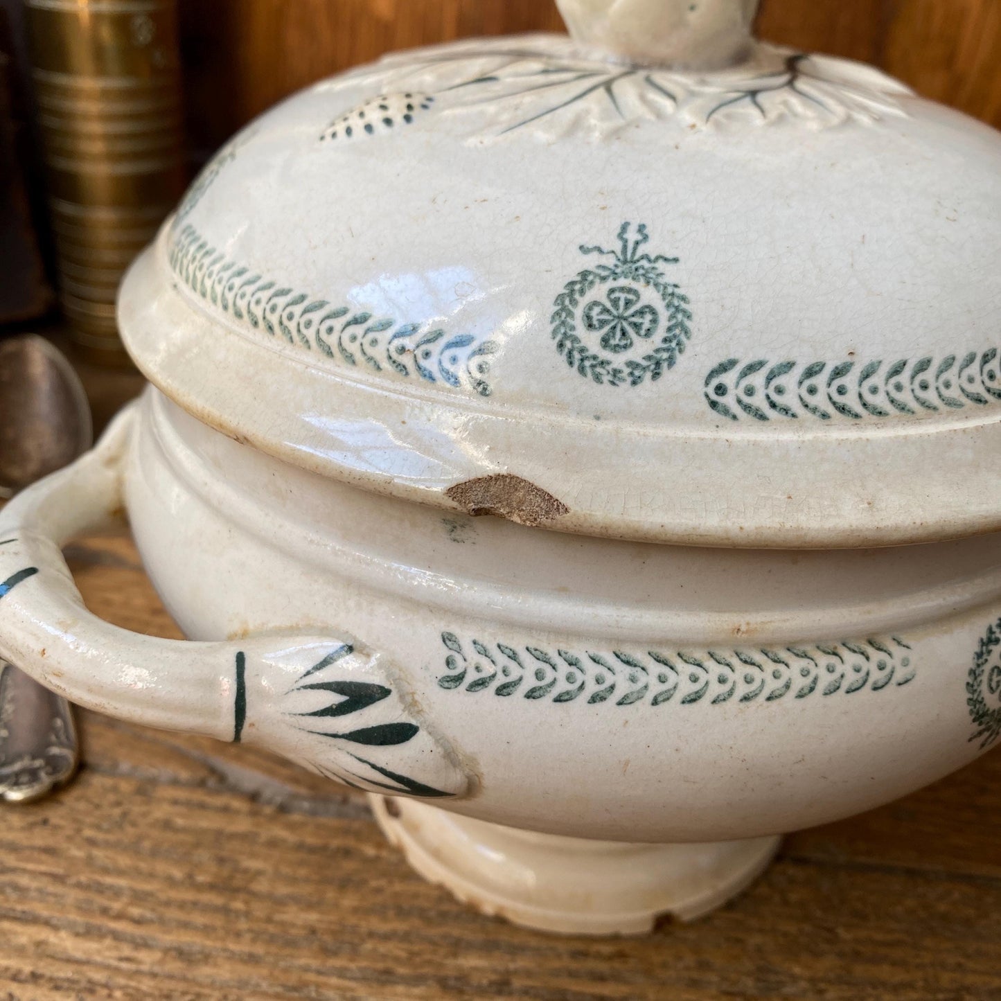 Small French antique soup dish / tureen / soupiere with lid wreaths and garlands shabby green transferware c 1890-1910 Faiencerie de Castres