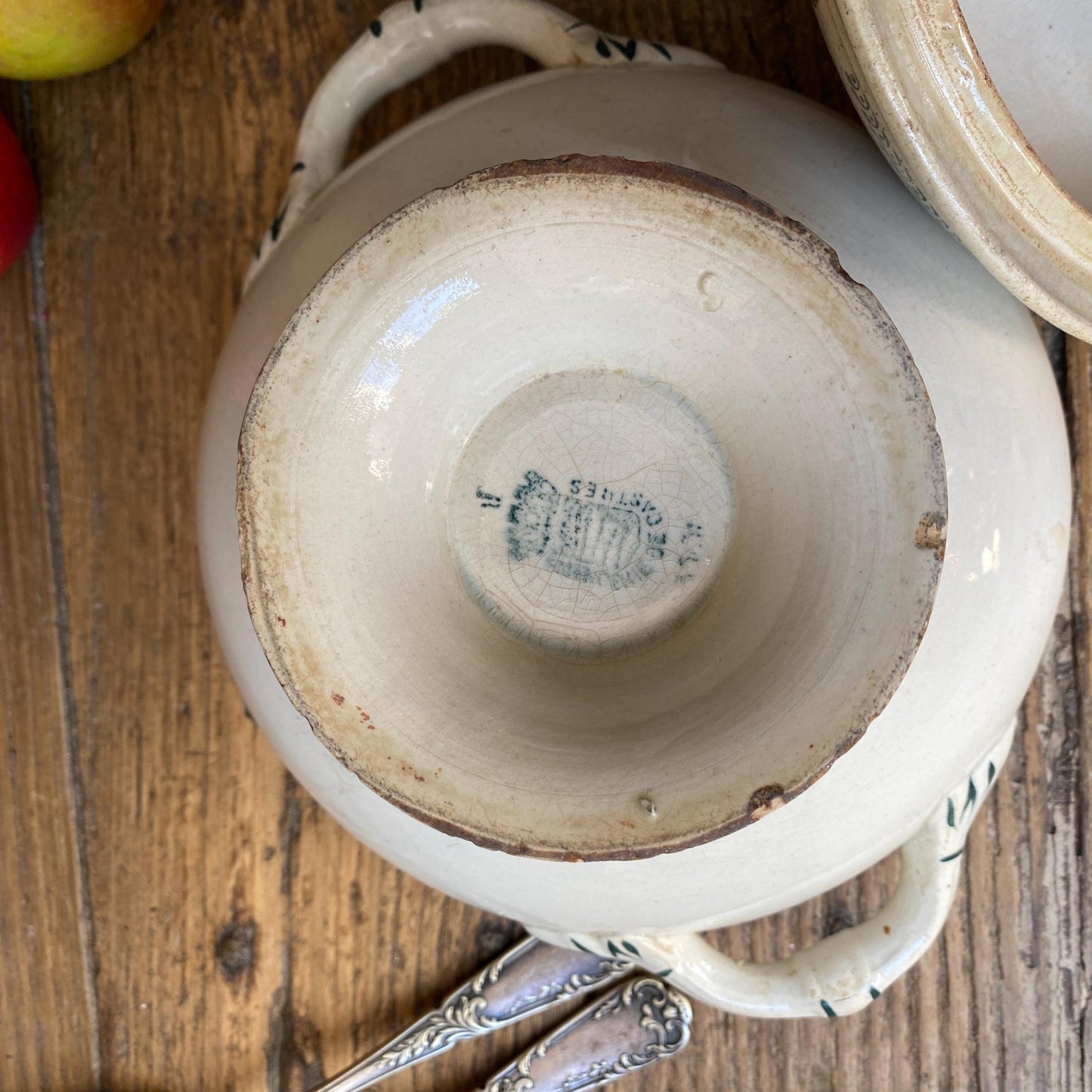 Small French antique soup dish / tureen / soupiere with lid wreaths and garlands shabby green transferware c 1890-1910 Faiencerie de Castres