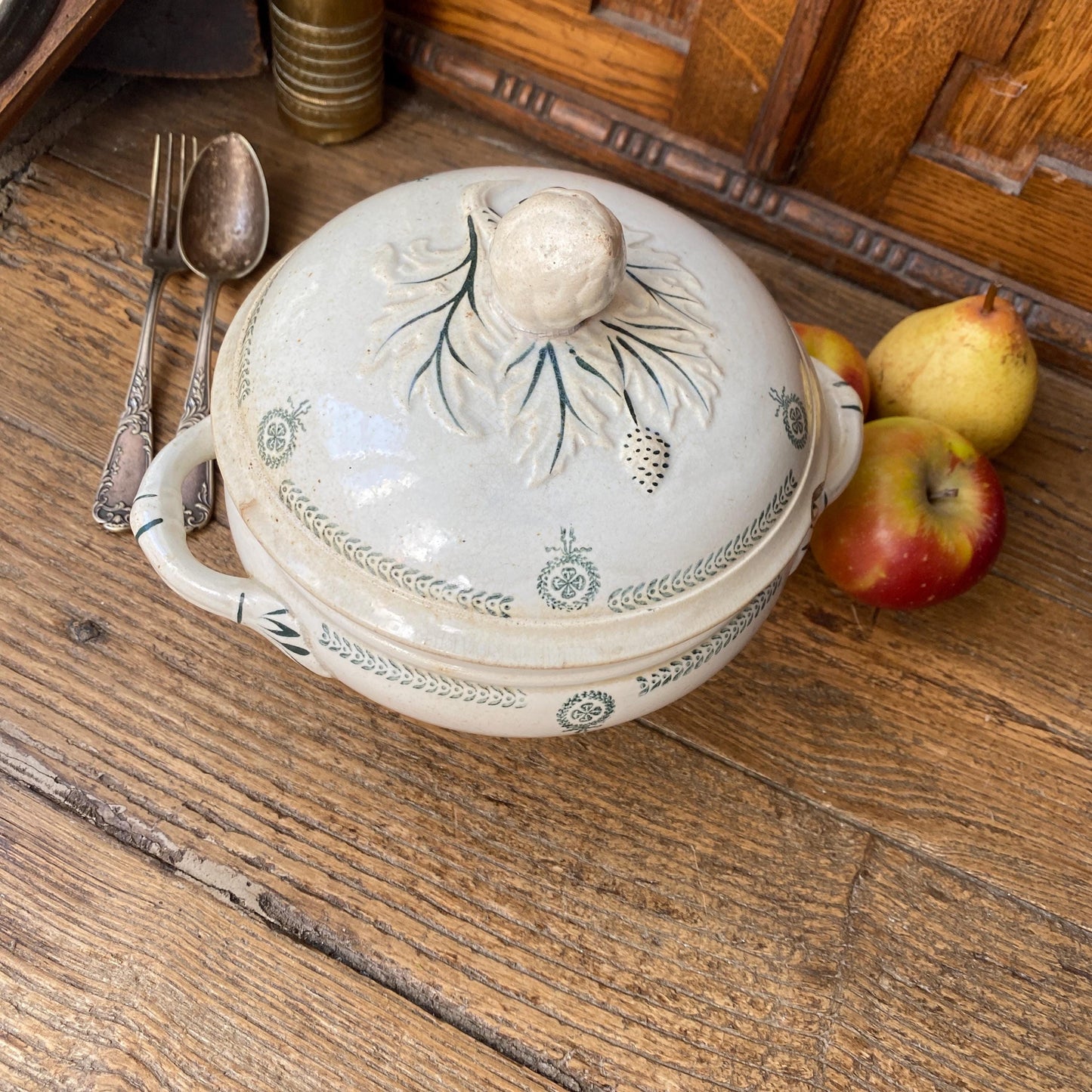 Small French antique soup dish / tureen / soupiere with lid wreaths and garlands shabby green transferware c 1890-1910 Faiencerie de Castres