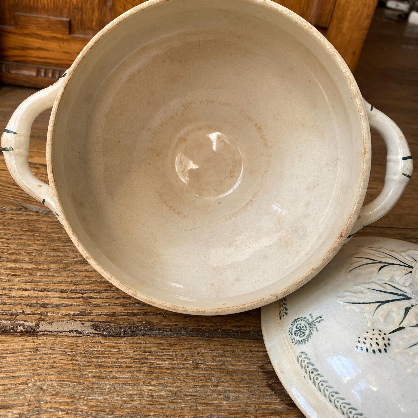 Small French antique soup dish / tureen / soupiere with lid wreaths and garlands shabby green transferware c 1890-1910 Faiencerie de Castres