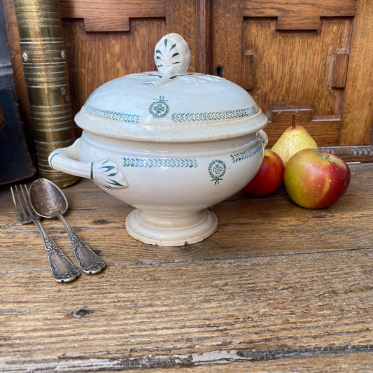 Small French antique soup dish / tureen / soupiere with lid wreaths and garlands shabby green transferware c 1890-1910 Faiencerie de Castres