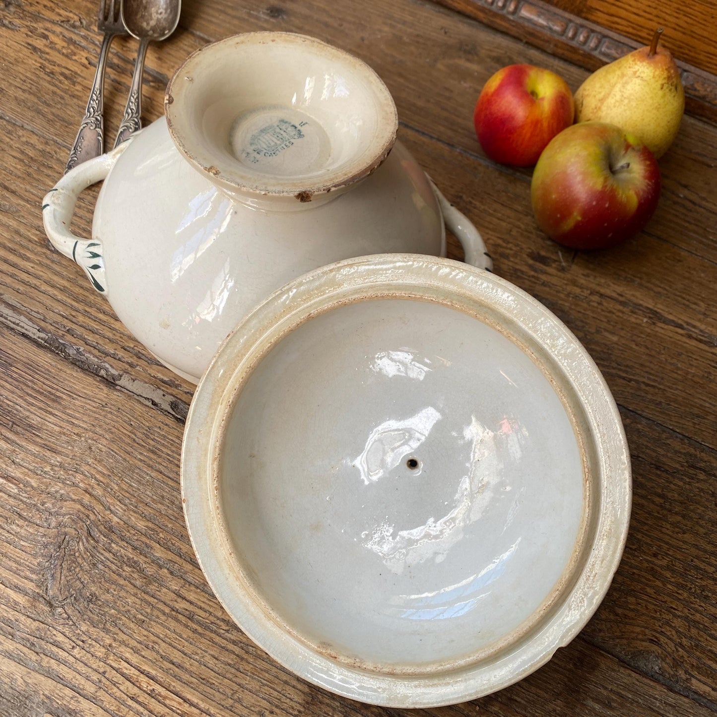 Small French antique soup dish / tureen / soupiere with lid wreaths and garlands shabby green transferware c 1890-1910 Faiencerie de Castres