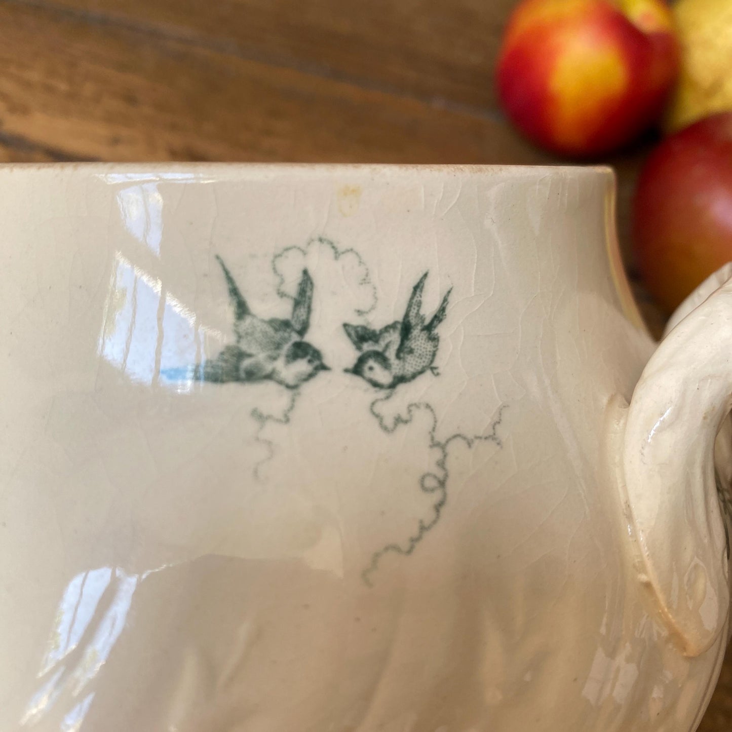 Small French antique sugar bowl or small tureen without lid birds and flowers, Art Nouveau shabby green transferware Gien c 1890-1910