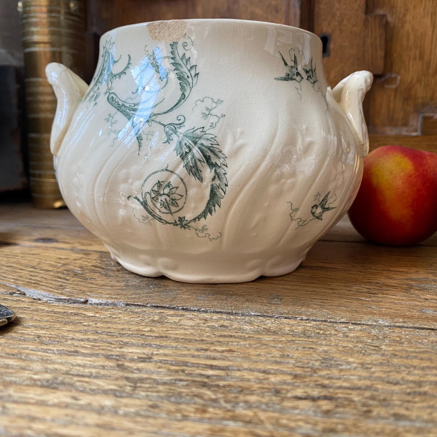 Small French antique sugar bowl or small tureen without lid birds and flowers, Art Nouveau shabby green transferware Gien c 1890-1910