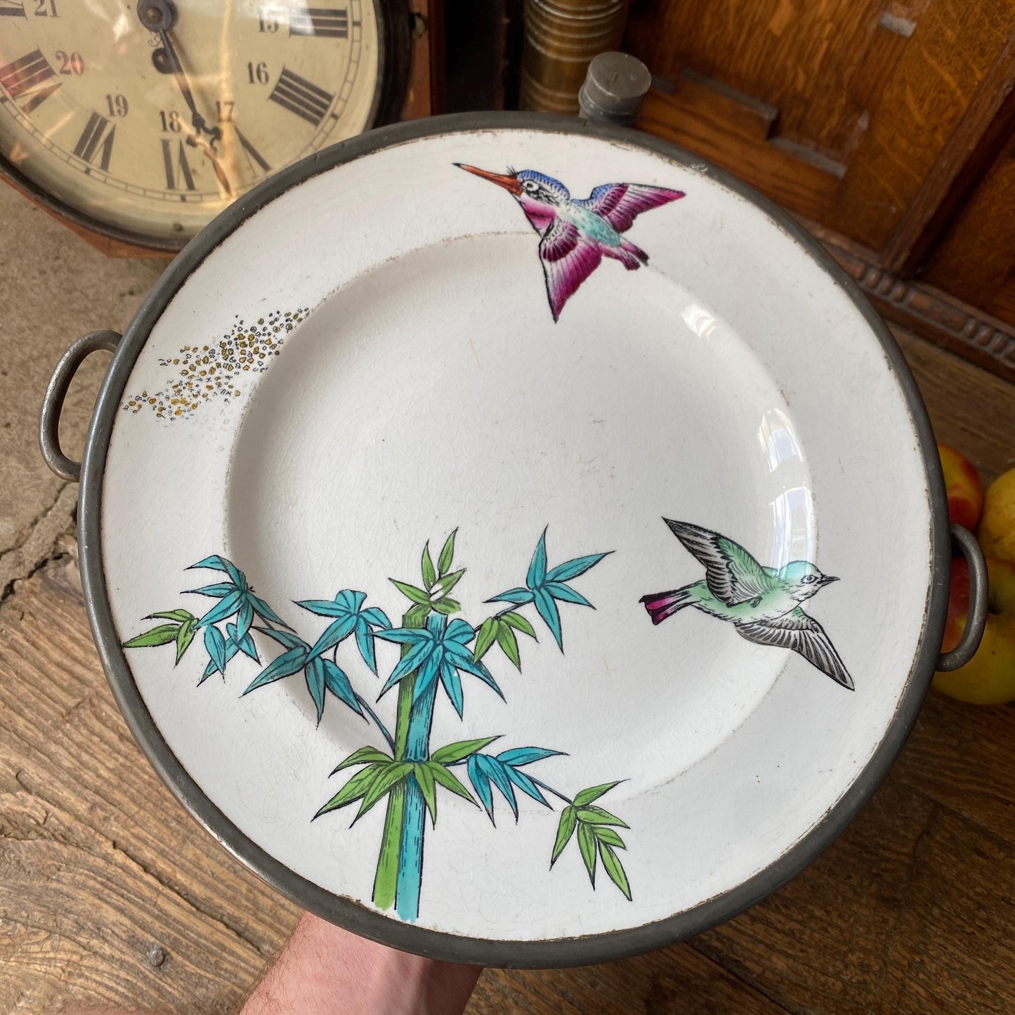 Antique Japonisme Warming Plate: Hand-Painted Birds, James Dixon & Sons