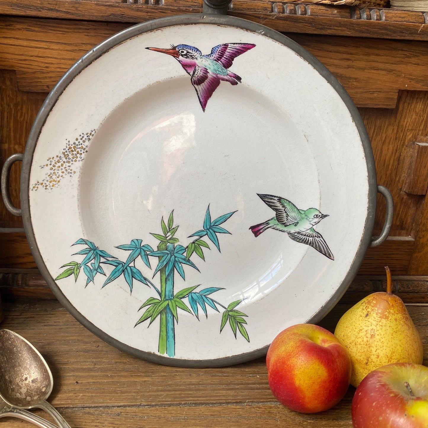 Antique Japonisme Warming Plate: Hand-Painted Birds, James Dixon & Sons