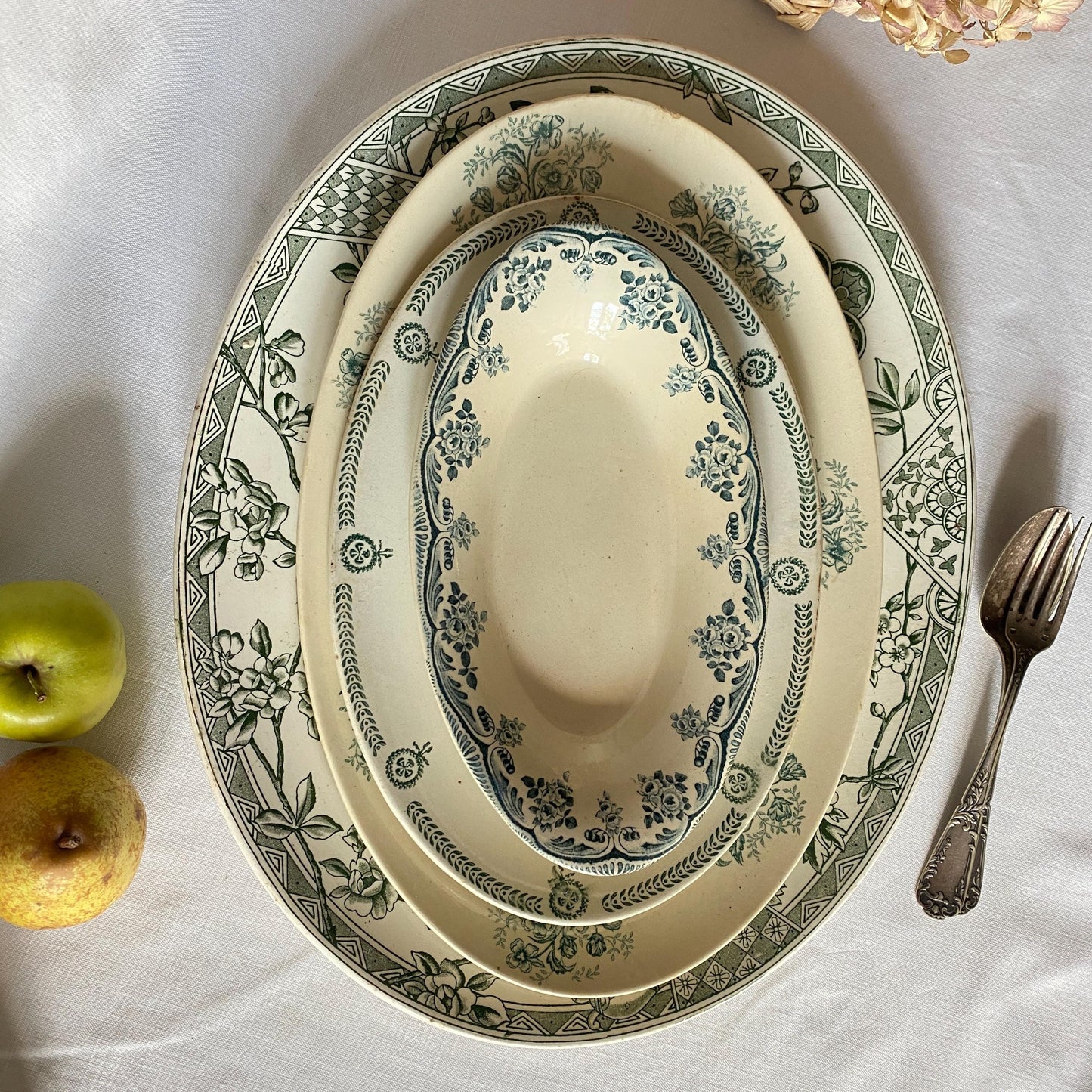 Antique Green Transferware Oval Platter Stack: Set of 4 platters, French Farmhouse Decor