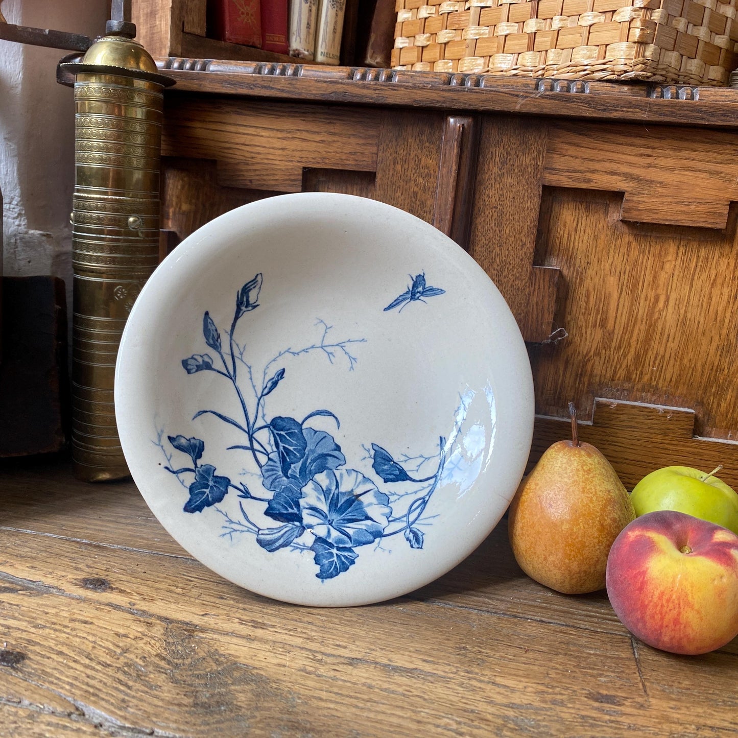 Antique Gien France Cake Stand, Blue White Transferware, Floral Bee Design