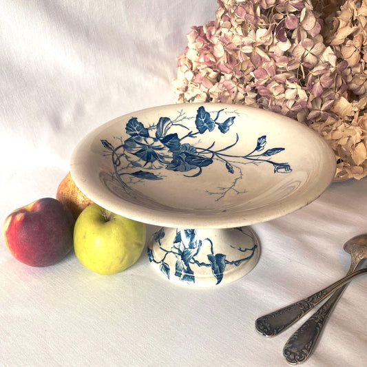 Antique Gien France Cake Stand, Blue White Transferware, Floral Bee Design