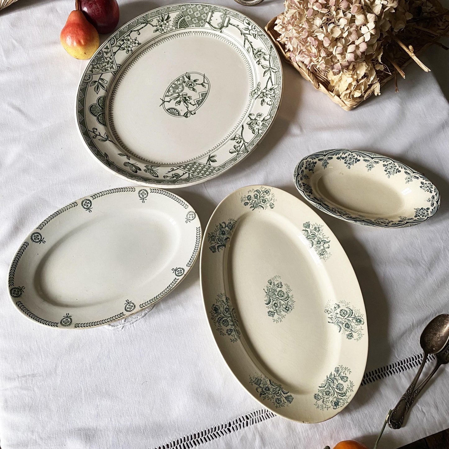 Antique Green Transferware Oval Platter Stack: Set of 4 platters, French Farmhouse Decor