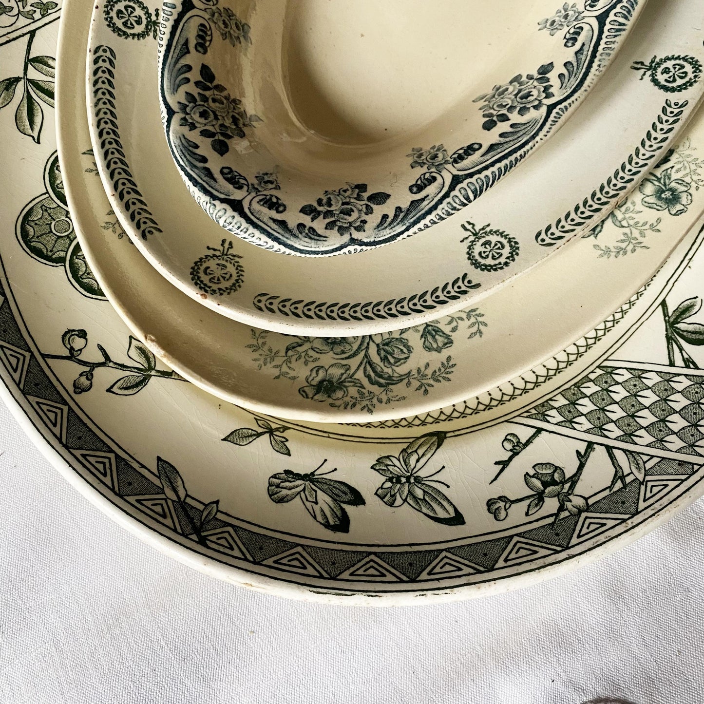 Antique Green Transferware Oval Platter Stack: Set of 4 platters, French Farmhouse Decor