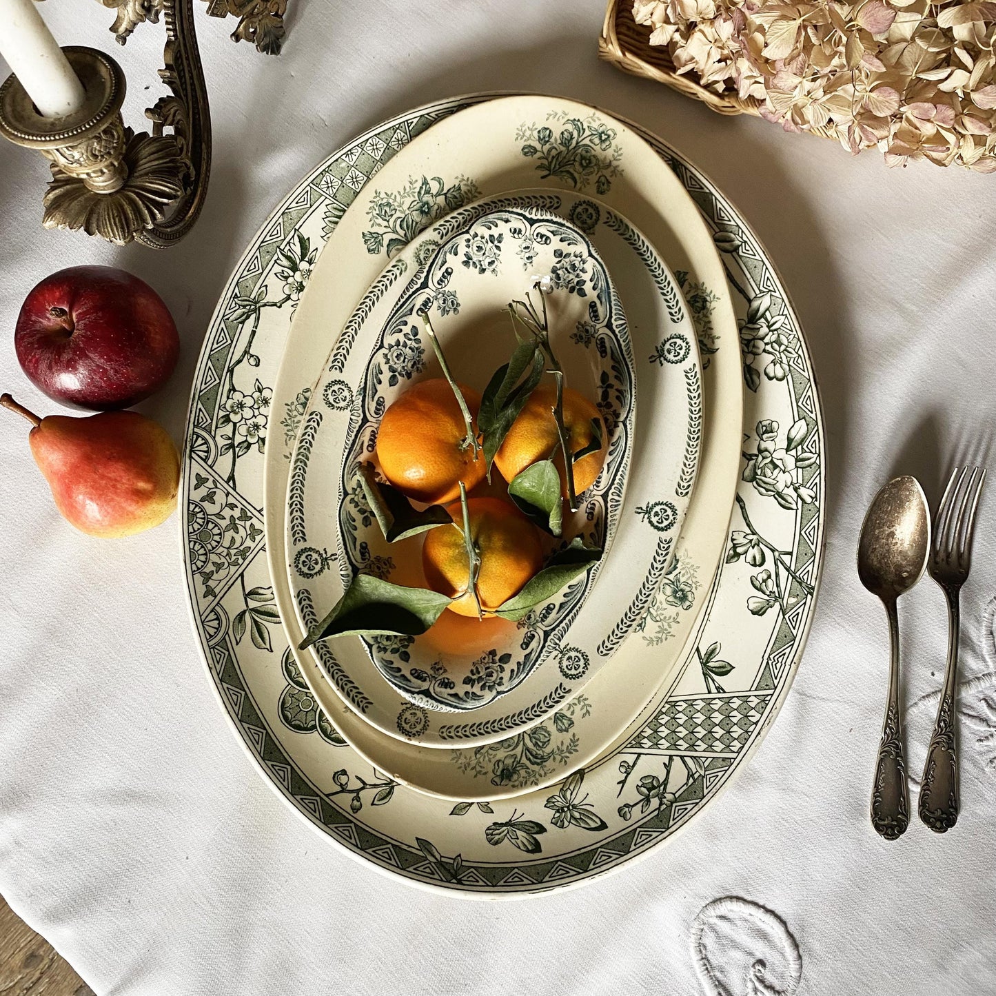 Antique Green Transferware Oval Platter Stack: Set of 4 platters, French Farmhouse Decor