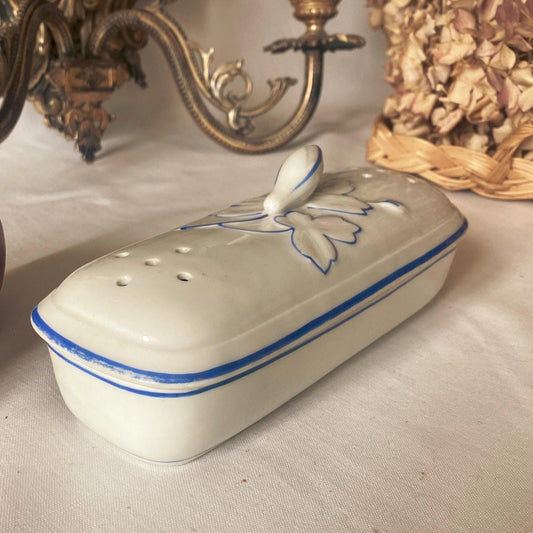 Antique French Lidded soap / toothbrush Dish: Pierced lid with Floral Barbotine Handle, c1900