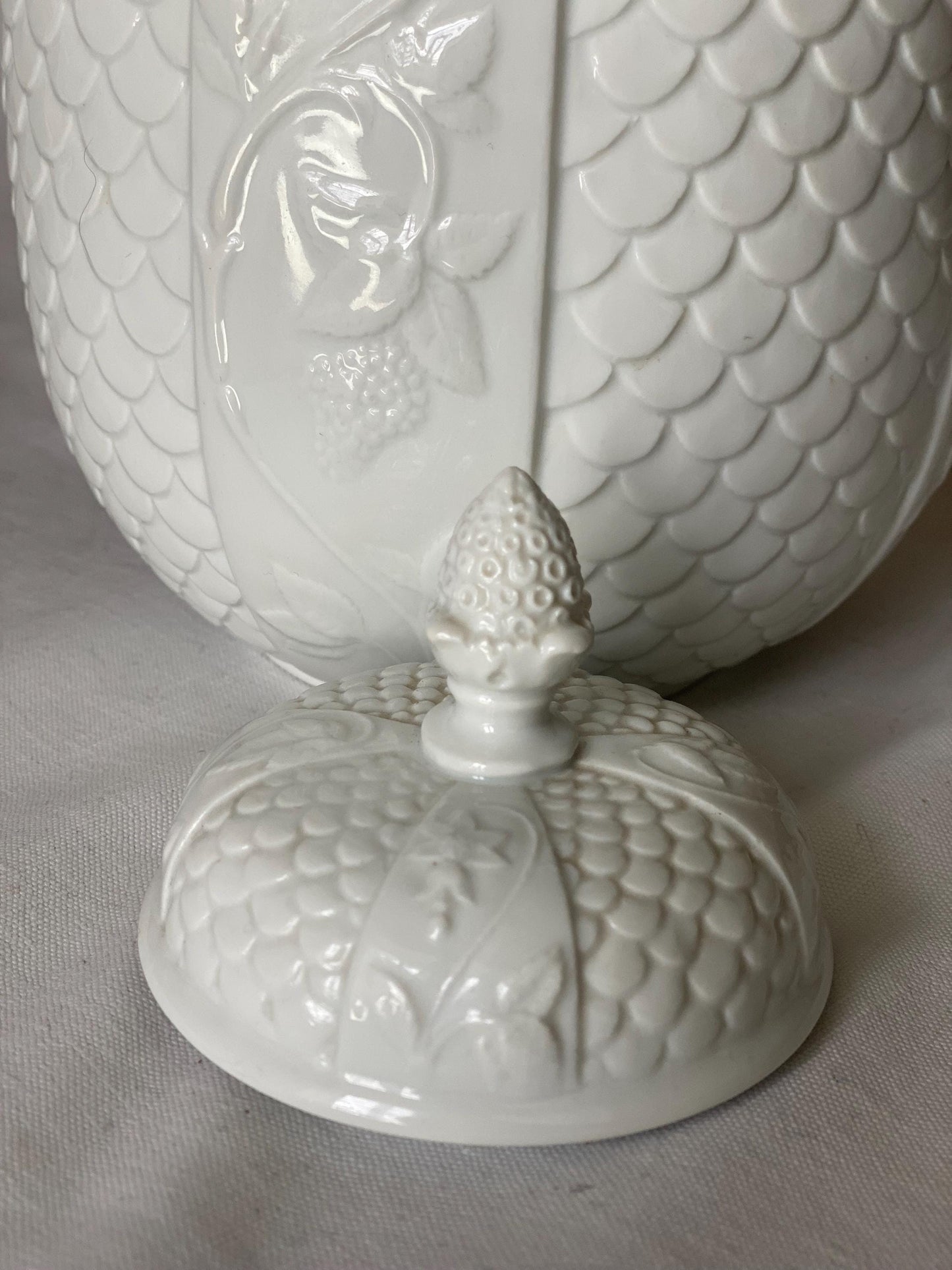 French antique white porcelain lidded cache pot, molded monochrome floral lid finial 19th / early 20thC Parisian porcelain