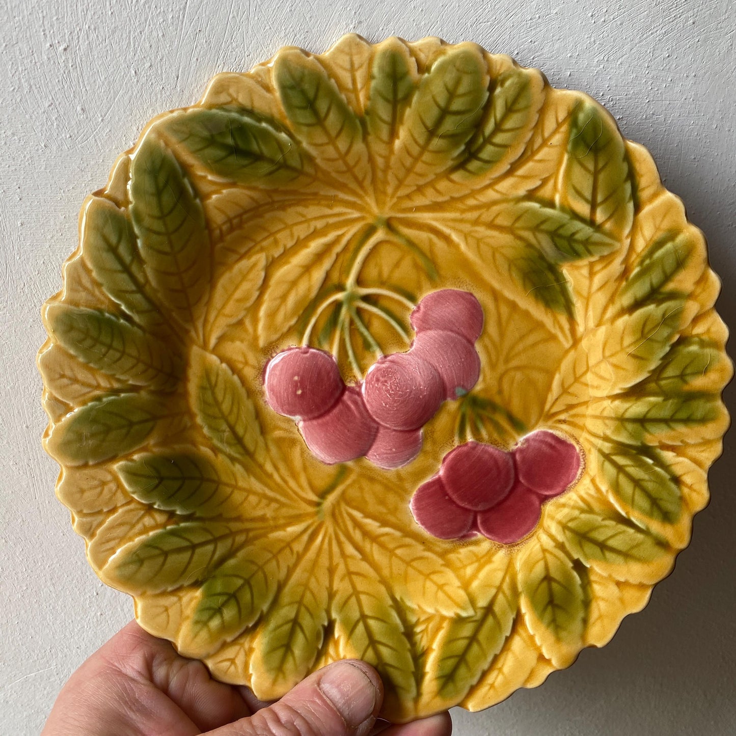 Antique French Majolica Dessert Plates, Set of 12 Barbotine Sarreguemines, Summer Fruits & Leaves