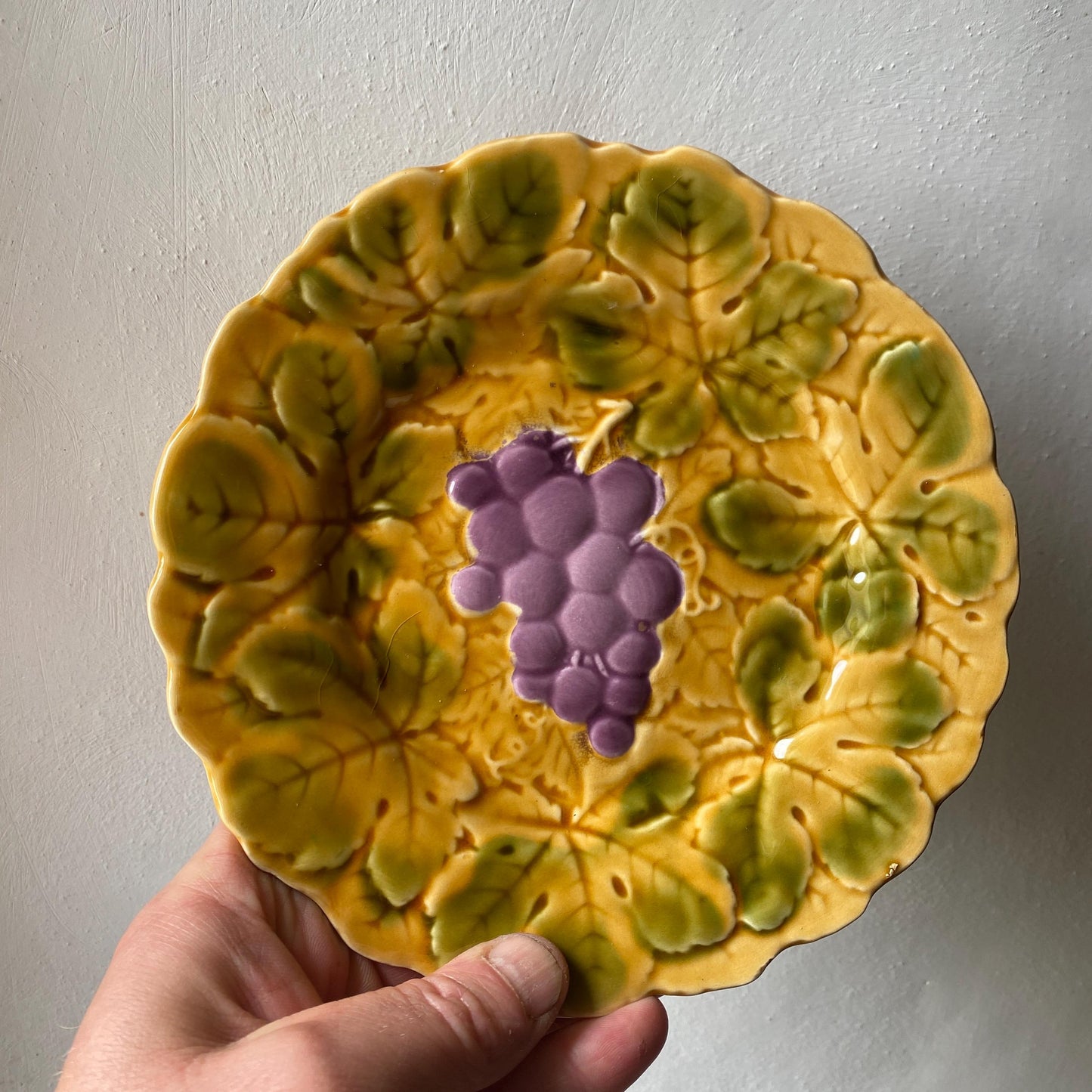 Antique French Majolica Dessert Plates, Set of 12 Barbotine Sarreguemines, Summer Fruits & Leaves