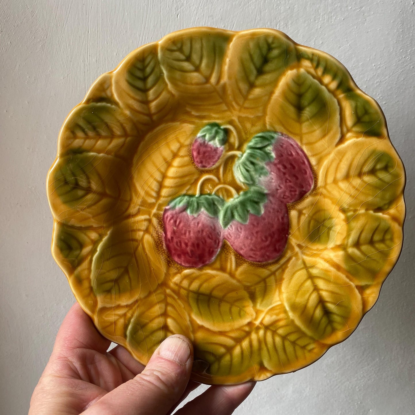 Antique French Majolica Dessert Plates, Set of 12 Barbotine Sarreguemines, Summer Fruits & Leaves