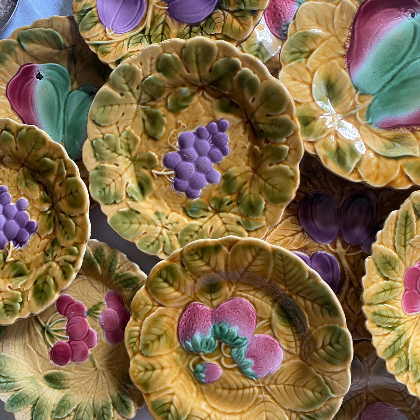 Antique French Majolica Dessert Plates, Set of 12 Barbotine Sarreguemines, Summer Fruits & Leaves