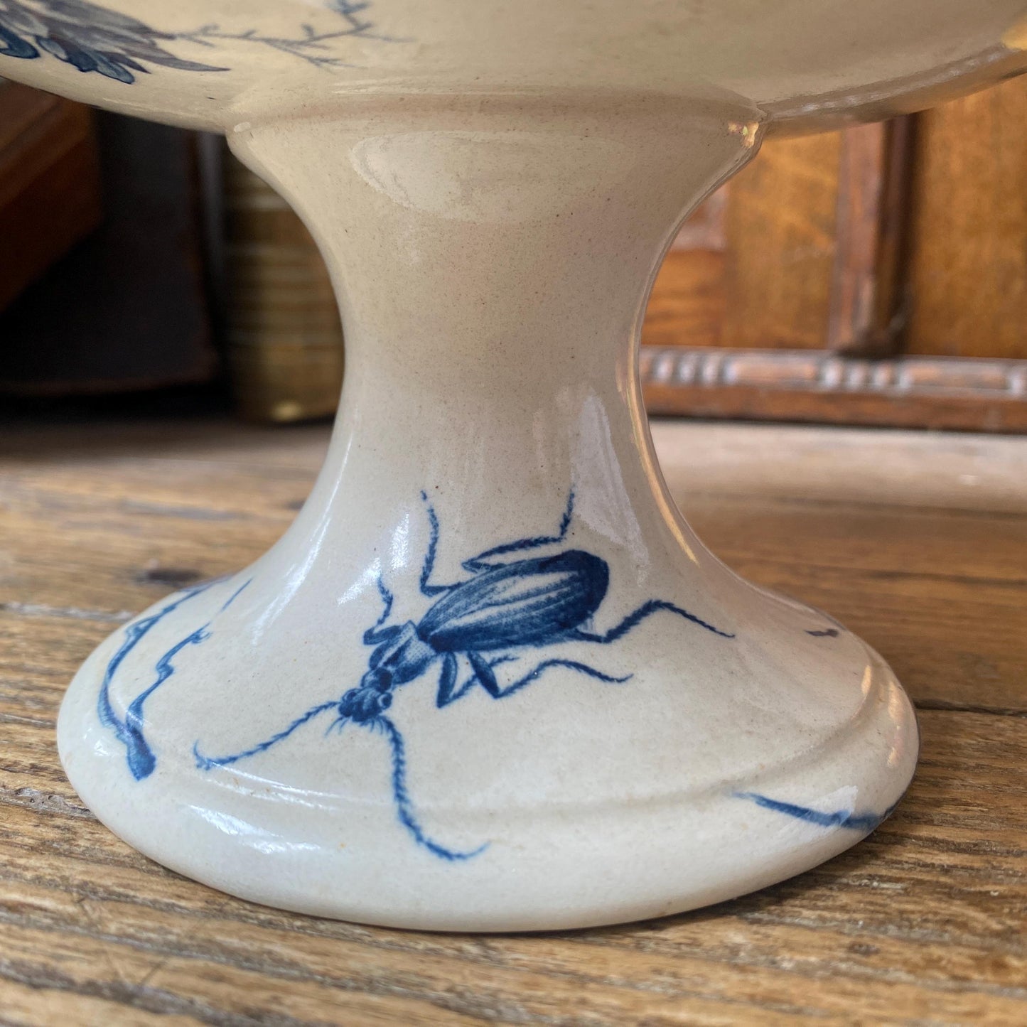 Antique Gien France Cake Stand, Blue White Transferware, Floral Bee Design