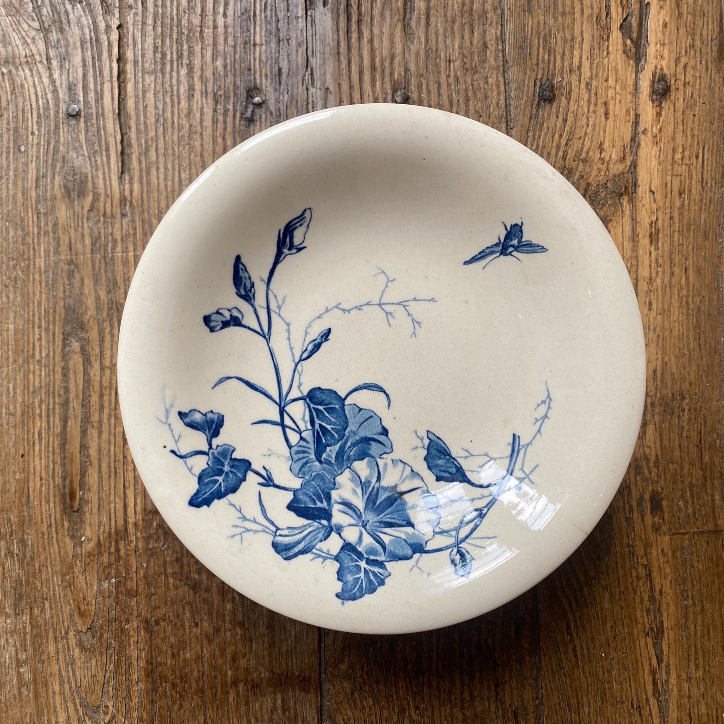 Antique Gien France Cake Stand, Blue White Transferware, Floral Bee Design
