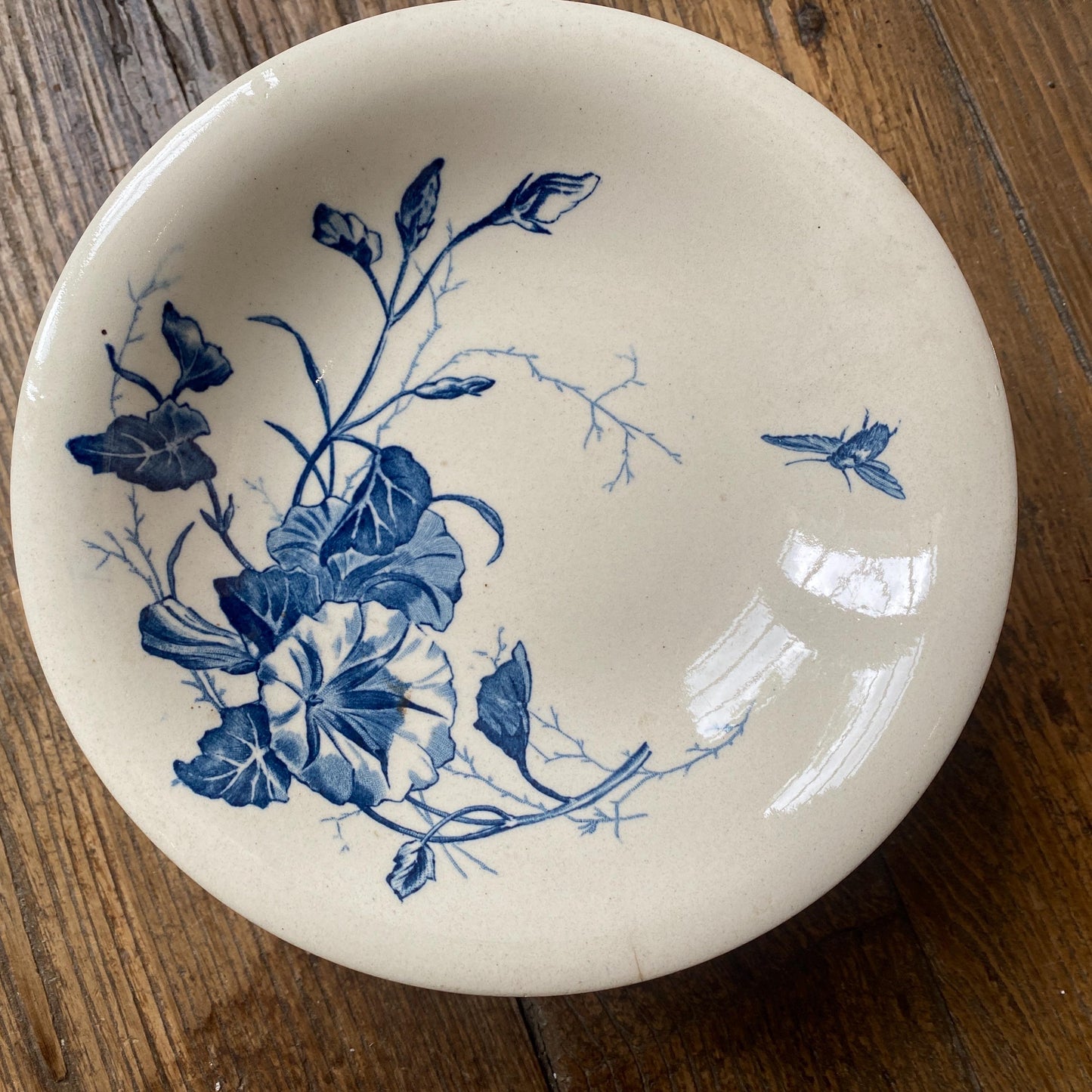 Antique Gien France Cake Stand, Blue White Transferware, Floral Bee Design