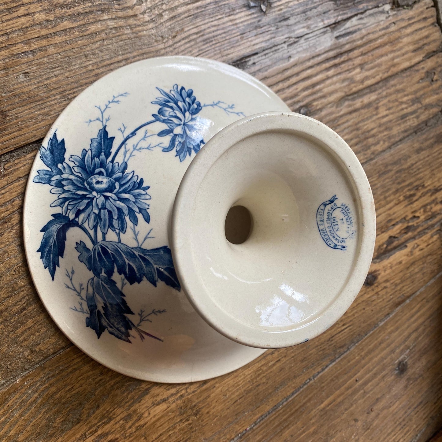 Antique Gien France Cake Stand, Blue White Transferware, Floral Bee Design