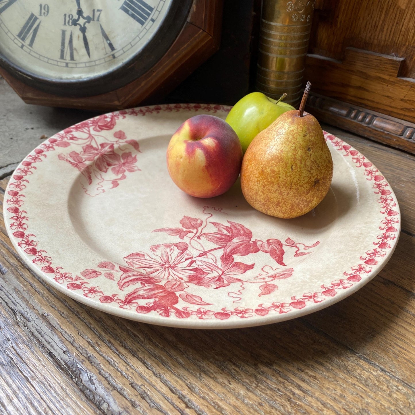 French Antique Red Transferware Plate, St Amand Floral Platter, c1890