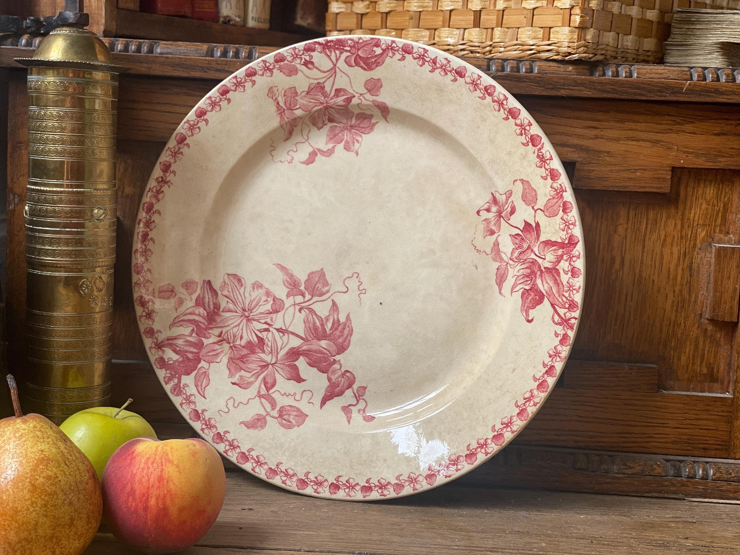 French Antique Red Transferware Plate, St Amand Floral Platter, c1890
