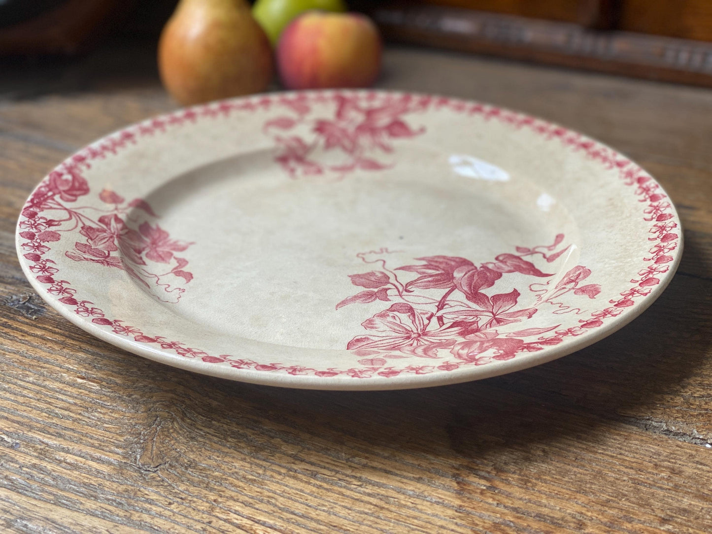 French Antique Red Transferware Plate, St Amand Floral Platter, c1890