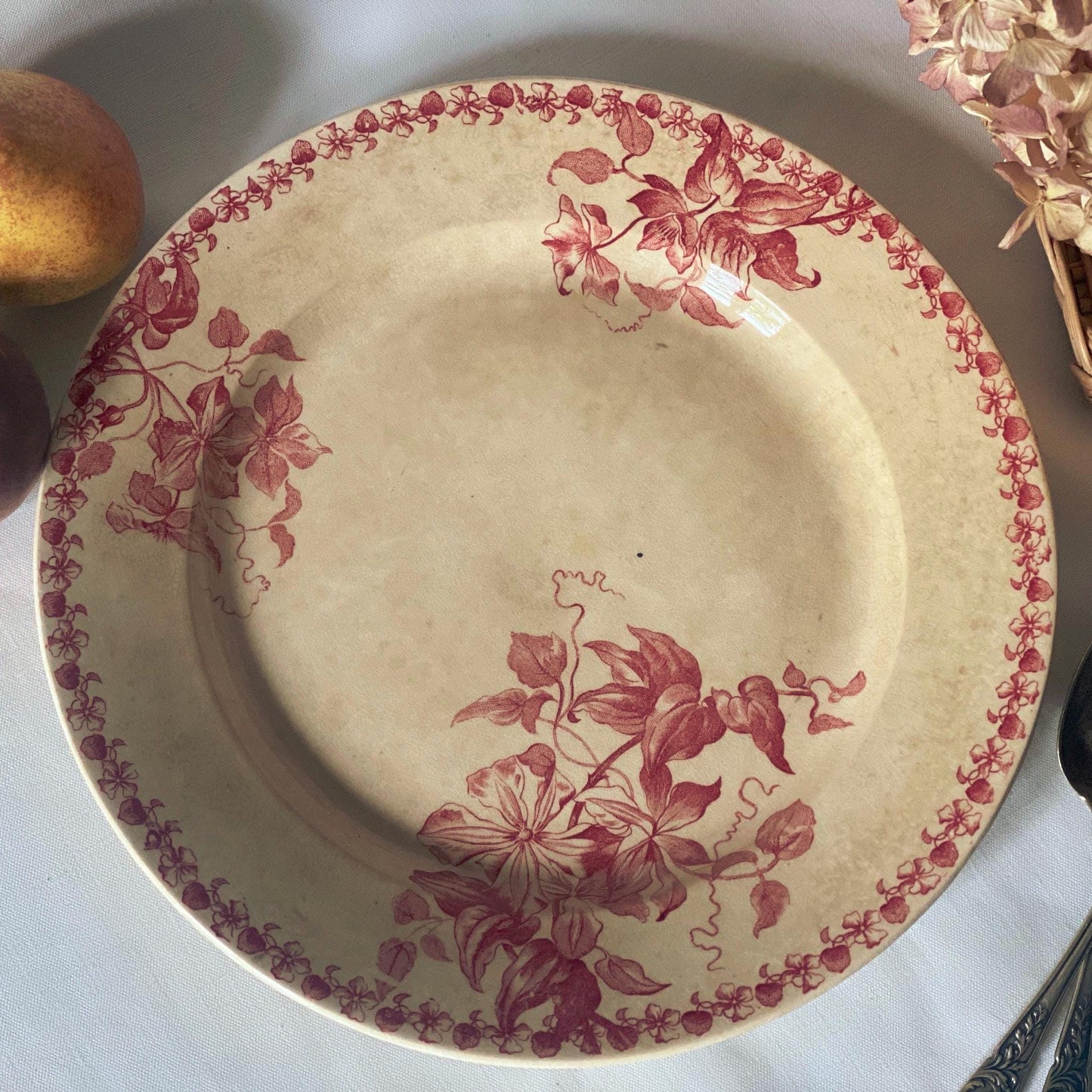 French Antique Red Transferware Plate, St Amand Floral Platter, c1890