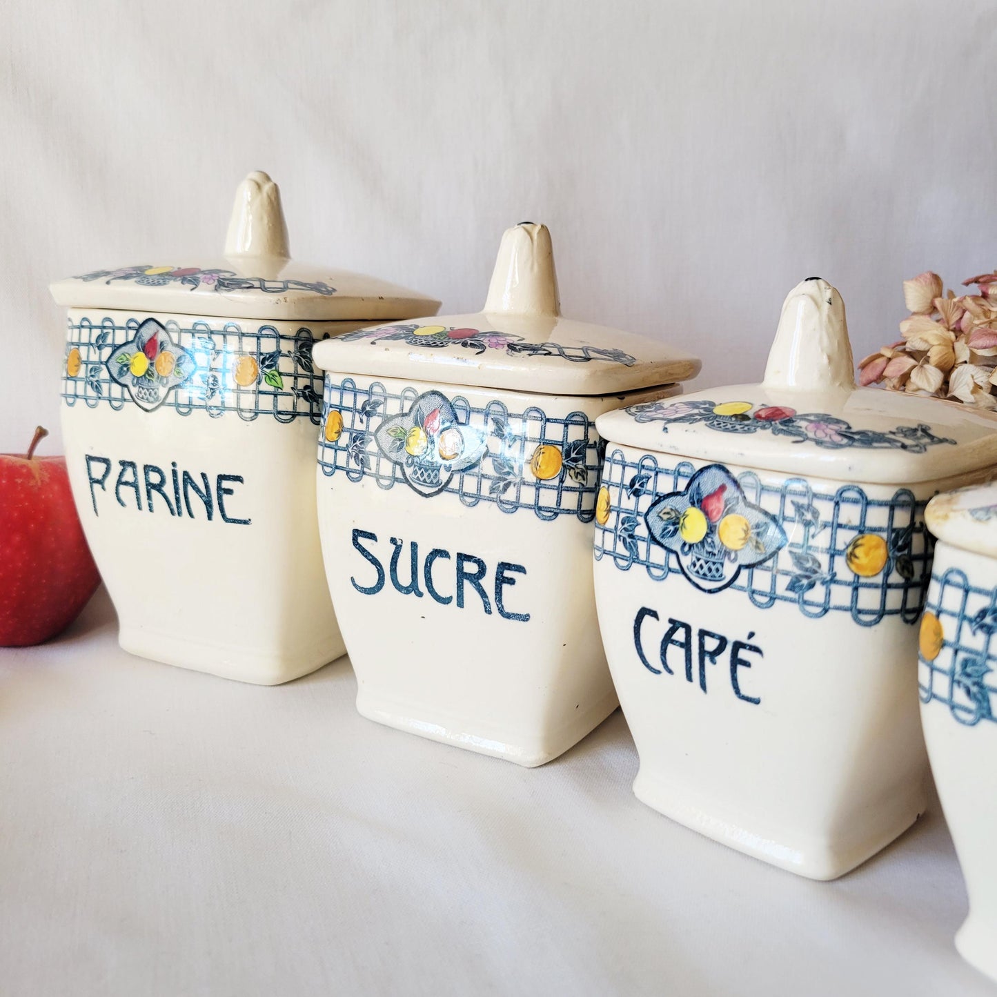 Antique French Canister Set, Art Nouveau Longchamp Transferware, Kitchen Storage