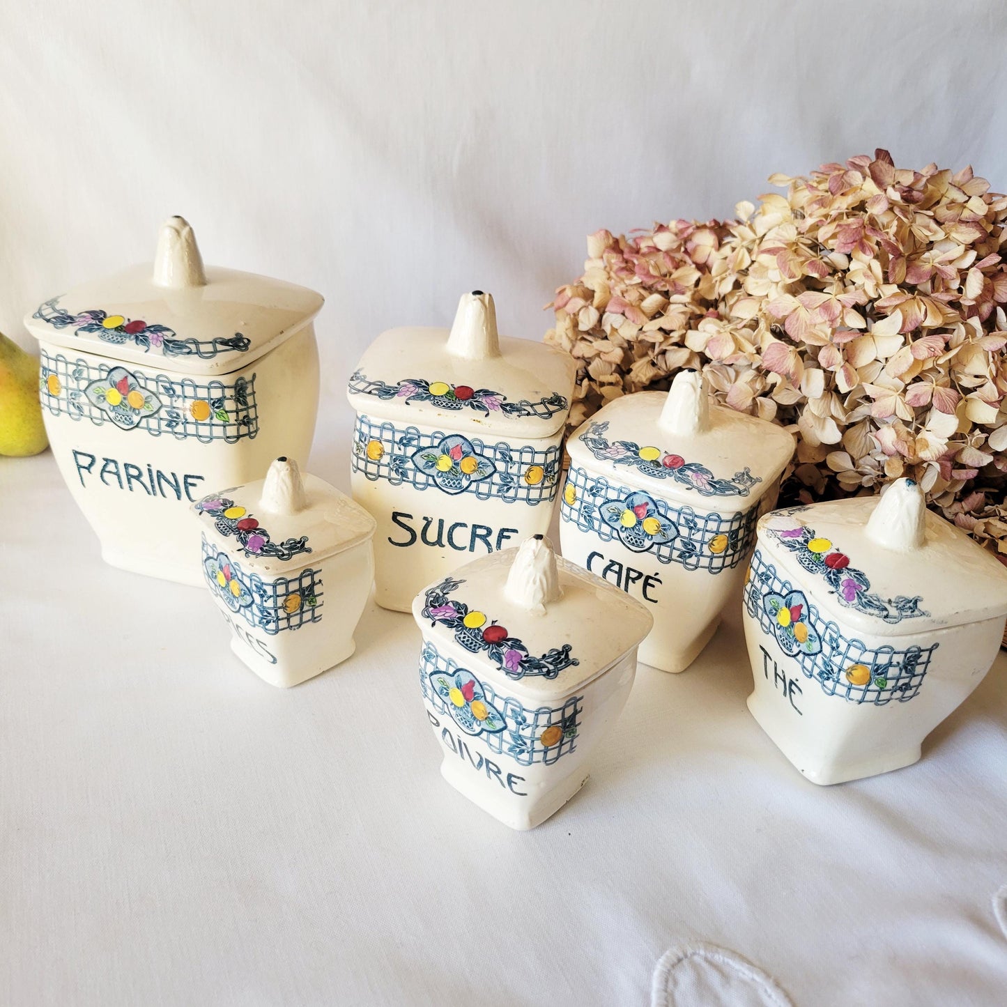Antique French Canister Set, Art Nouveau Longchamp Transferware, Kitchen Storage