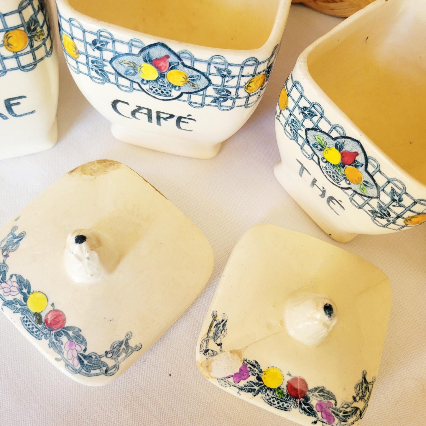 Antique French Canister Set, Art Nouveau Longchamp Transferware, Kitchen Storage
