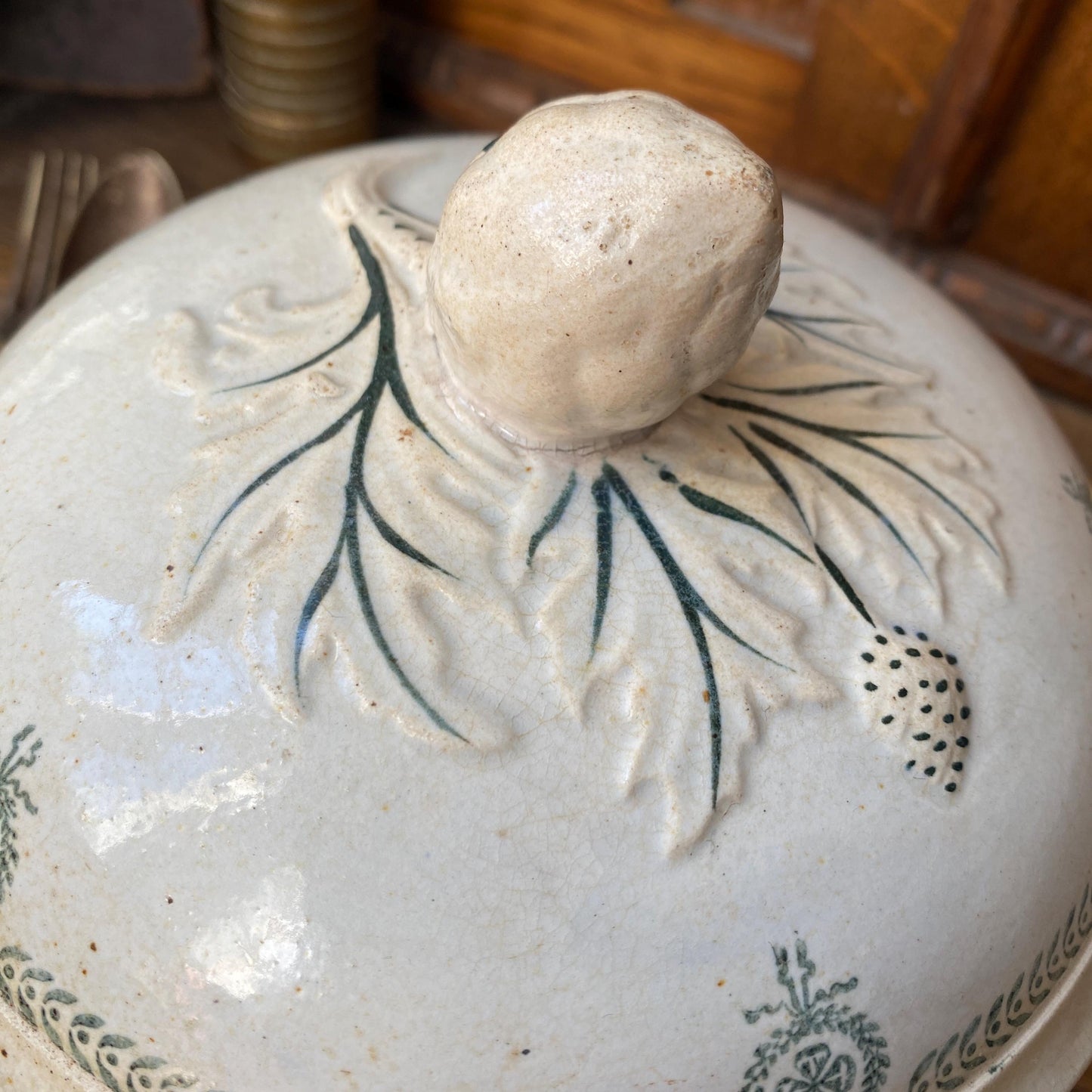 Small French antique soup dish / tureen / soupiere with lid wreaths and garlands shabby green transferware c 1890-1910 Faiencerie de Castres